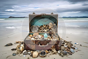 a treasure filled with beachcombing treasures, surrounded by water and sky