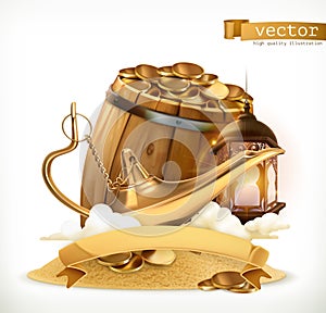 Treasure. Genie lamp and barrel with coins. 3d vector icon