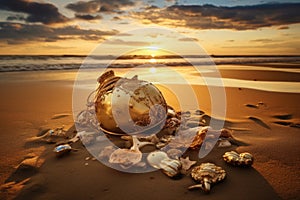 a treasure half-buried in sand on a beach at sunset