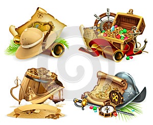 Treasure hunt and adventure. 3d vector icon set