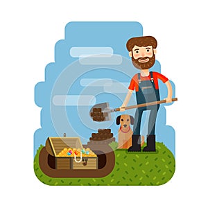 Treasure hunter, archaeologist, archeologist. Downshifter. Unexpected discovery vector illustration