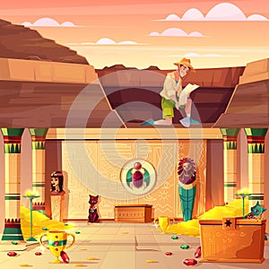 Treasure hunter searching pharaoh treasury vector