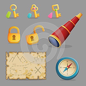 Treasure hunting set of game icons