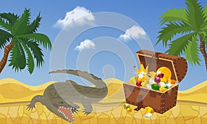 Treasure island with chest and gold coins and jewellery banner vector illustration. Expensive accessories such as crown