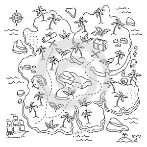 Treasure Island. Pirates Isle adventure. Sea ship. Board game chest map. Vector line. Open paths. Editable outline.