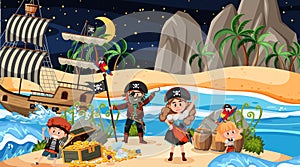 Treasure Island scene at night with Pirate kids on the ship