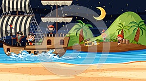 Treasure Island scene at night with Pirate kids on the ship