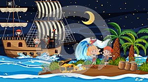 Treasure Island scene at night with Pirate kids on the ship