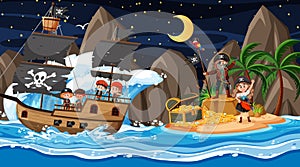 Treasure Island scene at night with Pirate kids on the ship