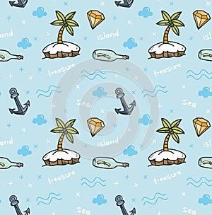 Treasure island seamless background in kawaii style vector