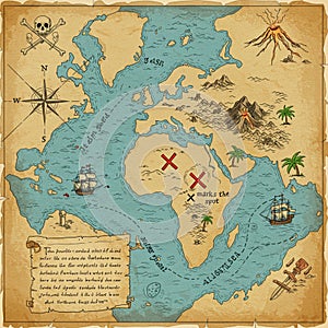 A treasure map with an aged, parchment-like background.