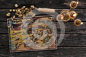 Treasure map and gold.