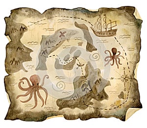 Treasure map hand drawn in watercolor. Antique map with islands, octopuses, whirlpools, ship, boat and location of the treasure.