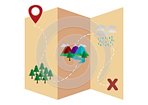 Treasure map illustration with forests, mountains and rivers and thunderstorms