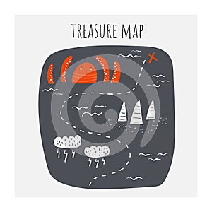 Treasure map with octopus, clouds, storm, riffs, ship route, waves, ocean.
