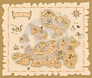 Treasure map old paper, pirate island adventure