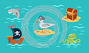 Treasure map. Pirate ship, octopus, seagull and shark. Chest with doubloons. Childrens educational game. Cartoon