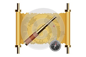 Treasure map, spyglass and magnetic compass vector illustration