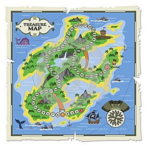 Treasure map vector pirate adventure on island navigation in ocean illustration backdrop of piratic plan with start