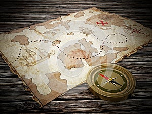 Treasure map and vintage compass standing on old wood table. 3D illustration