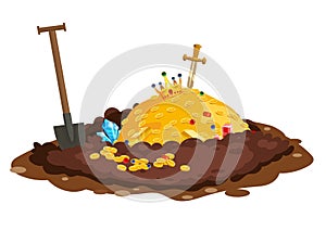 Treasure pile full of treasures, gold coins, Digging Hole in the ground,