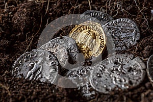 A treasure of Roman gold and silver coins.Trajan Decius. AD 249-251. AV Aureus.Ancient coin of the Roman Empire.Authentic  silver