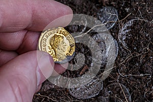 A treasure of Roman gold and silver coins.Trajan Decius. AD 249-251. AV Aureus.Ancient coin of the Roman Empire.Authentic  silver