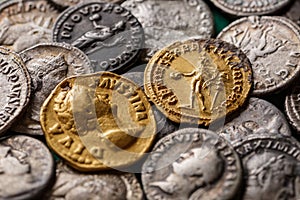 A treasure of Roman gold and silver coins.Trajan Decius. AD 249-251. AV Aureus.Ancient coin of the Roman Empire.Authentic  silver