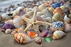 a treasure trove of colorful shells and starfish on a beach