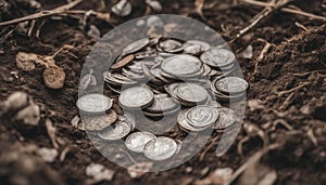 A treasure trove of silver coins in the ground. Treasure hunt.An old coin sticks out of the ground. Treasure hunters.Numismatics