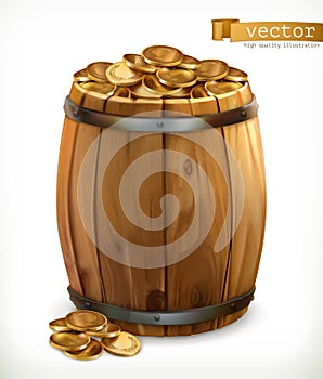 Treasure. Wooden barrel with gold coins. 3d vector