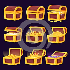 Treasure wooden chest, golden coins and cups. Jewels chests, cartoon adventure elements. Pirates game objects, boxes