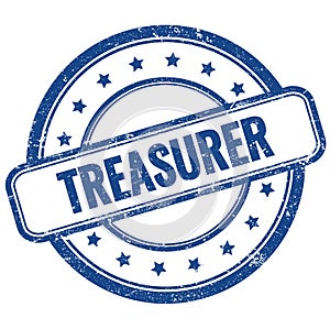 TREASURER text on blue grungy round rubber stamp