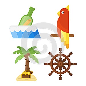 Treasures pirate adventures toy accessories icons vector set.