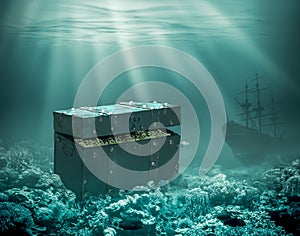 Treasures on the seabed. Sunken chest with gold and merchant ship under water 3d illustration