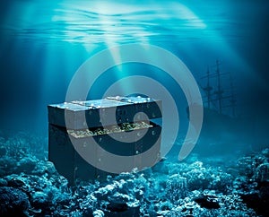 Treasures on the seabed. Sunken chest with gold and ship under water 3d illustration