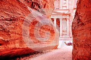 The Treasury (Al Khazneh) of Petra Ancient City with Camel, Jordan