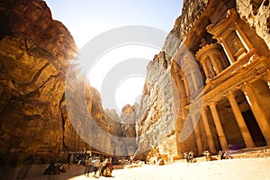 The Treasury (Al Khazneh) of Petra Ancient City with Golden Sun