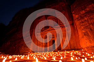 Treasury Al Khazneh of Petra Ancient City Illuminated by Candles, Jordan