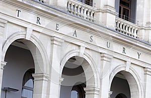 Treasury Building sign, central reserve bank budget finance