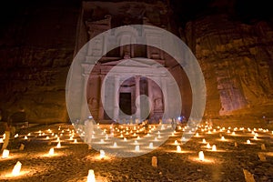 The Treasury at Petra Jordan lit at night photo