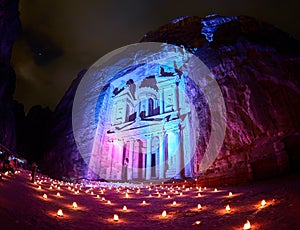 The Treasury at Petra Jordan lit at night during the night walk