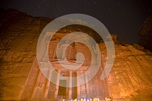 The Treasury at Petra Jordan lit under the stars