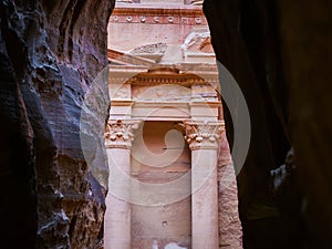 The treasury in Petra Jordan. View from the Siq canyon