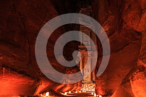 The Treasury, Petra By Night. An Ancient City of Petra, Al Khazneh, Jordan