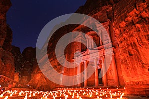 The Treasury, Petra By Night. An Ancient City of Petra, Al Khazneh, Jordan