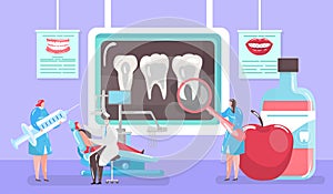 Treatment of caries concept, x-ray tooth and medical cure by dentist and patinet in dental chair mini people cartoon