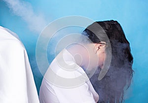 Treatment of cervical osteochondrosis and neck pain with the help of cryotherapy procedure, cold treatment, girl photo