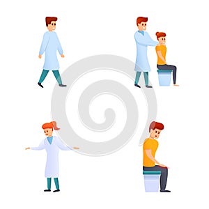 Treatment icons set cartoon vector. People in orthopedic therapy rehabilitation