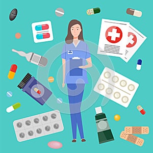 Treatment and medicine concept, doctor woman with clipboard, medical webicons pills, capsules, drugs